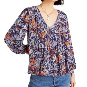 ANTHROPOLOGIE MAEVE Blouse Cathy Jungle Print Pleated V Neck Top Blue Small